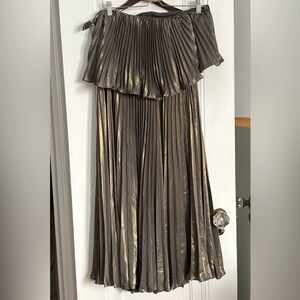 Anthropologie Metallic Pleated Off-Shoulder Top and Skirt in Bronze